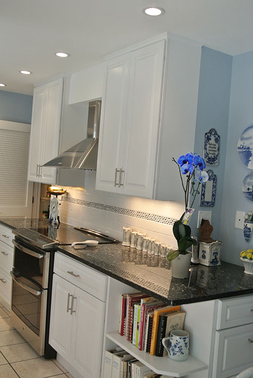 Design/Remodel White and Blue Kitchen with Chimney Vent, Rockville, MD